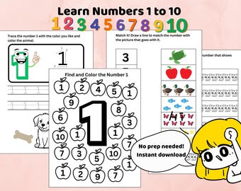 Op de afbeelding: Educatieve werkbladen voor het leren van de getallen 1 tot en met 10. Bevat traceer-, match- en kleuractiviteiten. Met de tekst "Learn Numbers 1 to 10" en "No prep needed! Instant download!"