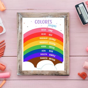 Bilingual Colors Poster Spanish English | Kids Room Wall Art Printable | Educational Rainbow Decor | Nursery Classroom Digital Download