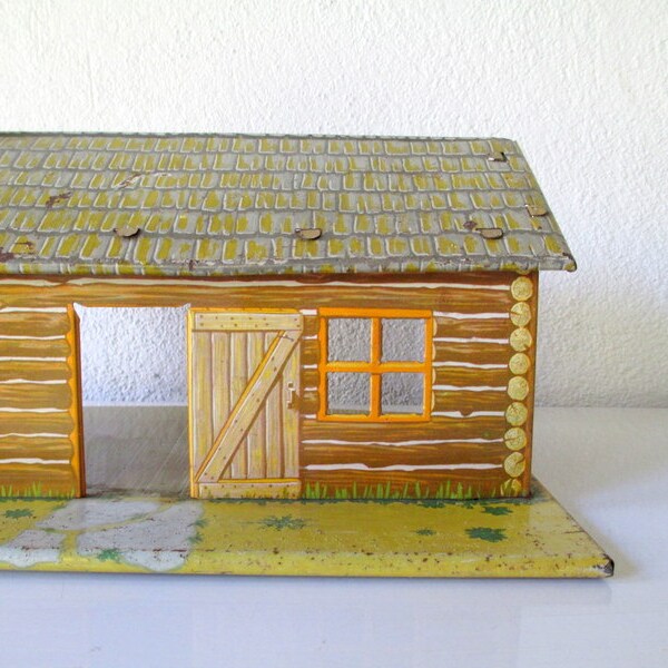 Vintage Marx Cabin, Fort Dearborn Tin Lithograph Metal Cabin Dollhouse, Wild West Cabin House