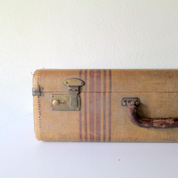 Vintage Tweed Hardcase Luggage, Brown and Maroon Striped Suitcase