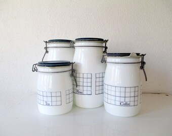 Geometric and Simple White and Navy Canister Set, Milk Glass Wire Lid
