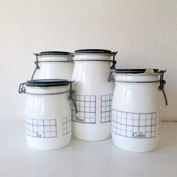 Geometric and Simple White and Navy Canister Set, Milk Glass Wire Lid