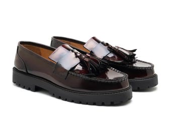 Handmade Men's Burgundy Leather Tassel Loafers - Chunky Sole
