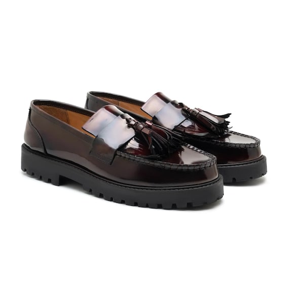 Handmade Men's Burgundy Leather Tassel Loafers - Chunky Sole