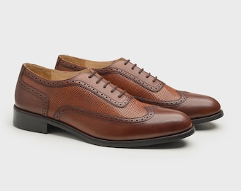 Handmade Brown Leather Oxford Brogues: Men's Classic Dress Shoes