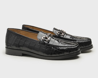 Handmade Black Crocodile Leather Loafers: Men's Formal Dress Shoes