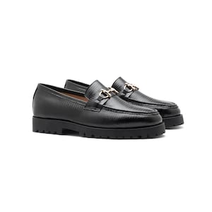 Handgefertigte schwarze geprägte Leder Horsebit Loafers - Lug Sole Dress Schuhe