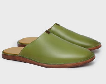 Handmade Leather Mule Slippers | Olive Green Babouche, Men's House Shoes
