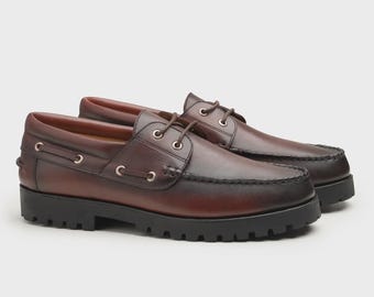 Handmade Men's Burgundy Leather Boat Shoes | Rugged Sole