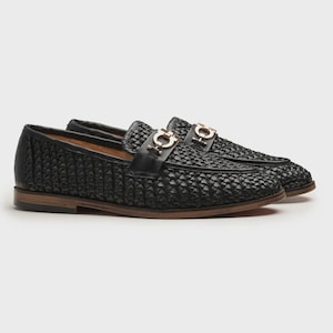 Handmade Woven Black Leather Horsebit Loafers: Italian Style