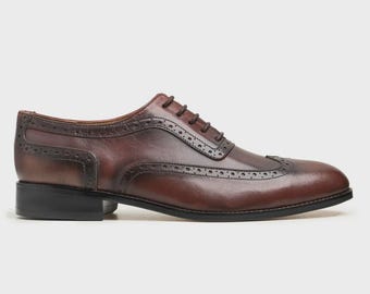 Handmade Brown Leather Wingtip Oxford Shoes: Brogue Dress Shoes