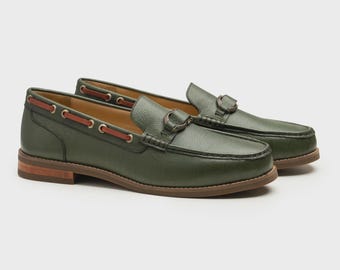 Handmade Green Leather Loafers: Luxury Men's Slip-On Dress Shoes