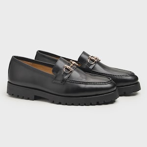 Handmade Men's Black Leather Horsebit Loafers - Chunky Sole Slip-Ons