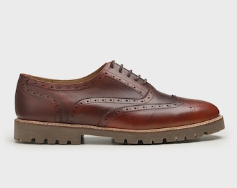 Handmade Brown Leather Brogue Oxford Shoes: Wingtip Derby Dress Shoes