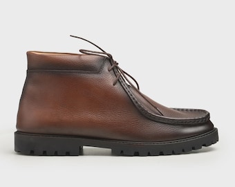 Handmade Men's Brown Leather Moc Toe Chukka Boots