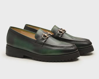 Handmade Patina Green Leather Horsebit Loafers: Italian Dress Shoes