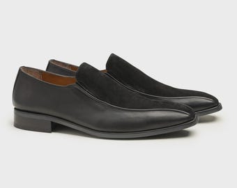 Mocassins masculinos de camurça preta – Conforto artesanal em couro, design elegante com bico quadrado para o trabalho, eventos e casamentos.