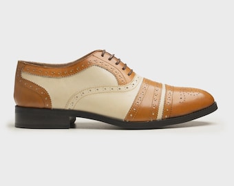 Handmade Two-Tone Leather Spectator Shoes: Vintage Brogue Oxfords