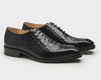 Handmade Black Crocodile Embossed Oxford Shoes: Italian Leather