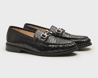 Handmade Crocodile Embossed Leather Loafers: Black Horsebit Slip-Ons