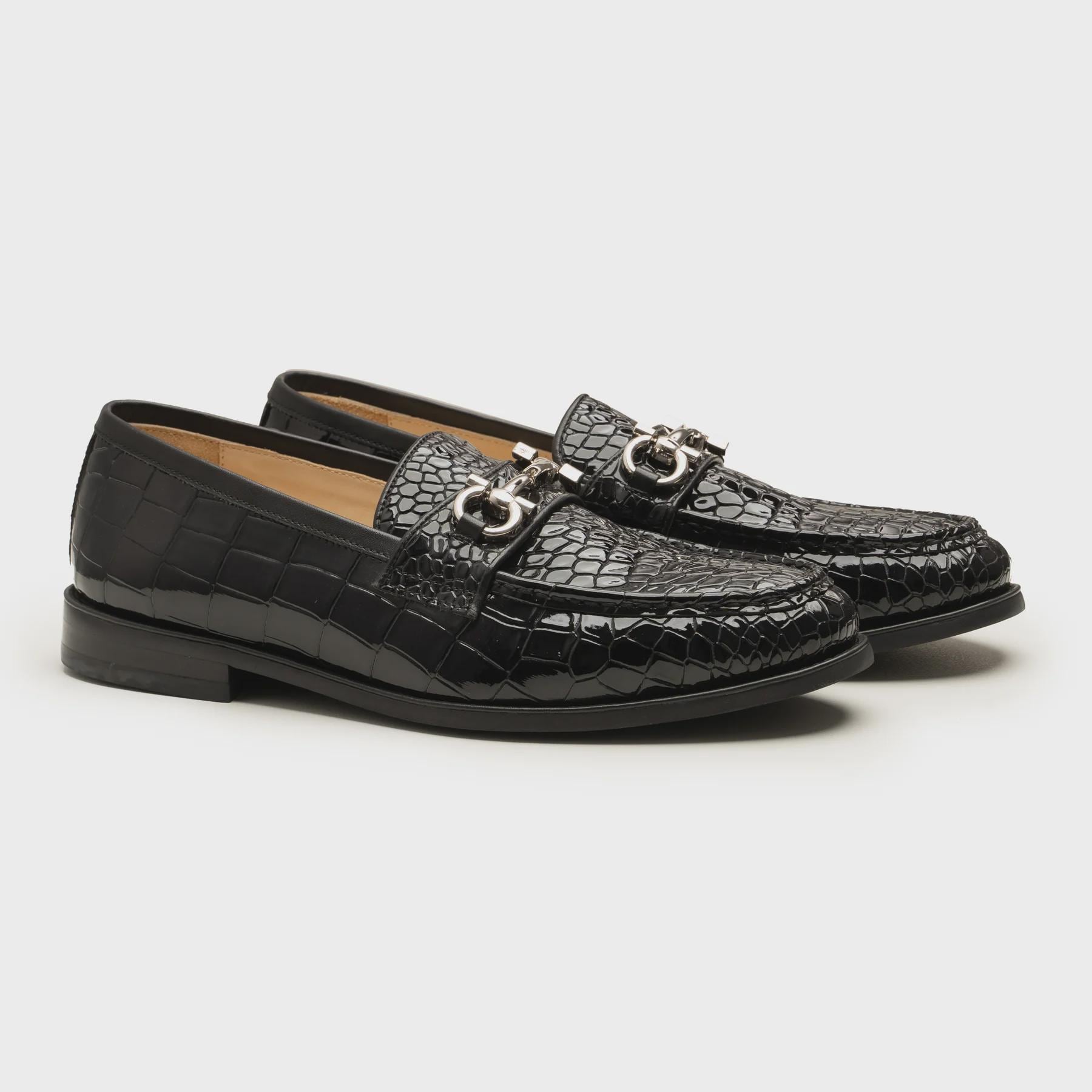 Handmade Crocodile Embossed Leather Loafers: Black Horsebit 