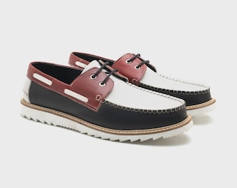 Tricolor Cowhide Leather Oxford Boat Shoes - Handmade Men's Dress Shoes