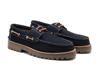 Zapatos náuticos de ante azul marino para hombre hechos a mano: suela de goma gruesa