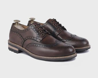 Handmade Men's Brown Leather Brogue Derby Shoes - Wingtip Oxford