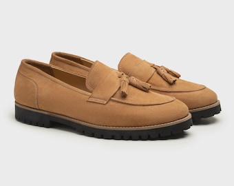 Handmade Men's Tan Suede Tassel Loafers | Rugged Sole Slip-Ons