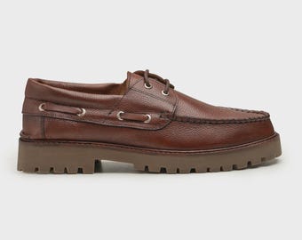 Handmade Brown Leather Moc Toe Derby Shoes: Rugged Sole