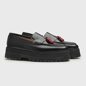 Handmade Black Leather Tassel Loafers: Chunky Lug Sole Dress Shoes