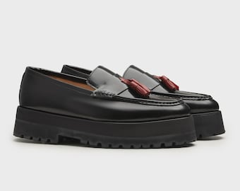Handmade Black Leather Tassel Loafers: Chunky Lug Sole Dress Shoes