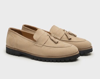 Handmade Men's Beige Suede Tassel Loafers | Rugged Sole Slip-Ons