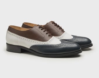 Handmade Leather Oxford Brogues: Brown, White & Navy Wedding Shoes