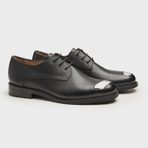 Handmade Black Leather Oxford Shoes: Silver Toe Cap, Luxury Dress Shoes