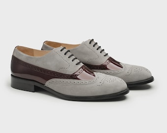 Handmade Grey Suede & Burgundy Leather Oxford Shoes: Wingtip Dress Shoes