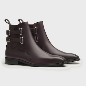 Luxury Burgundy Leather Buckle Boots – Handmade Medieval‑Inspired Men’s Boots, Sustainable Square‑Toe Dress Shoes