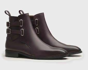 Handmade Burgundy Leather Buckle Boots: Medieval Style Square Toe