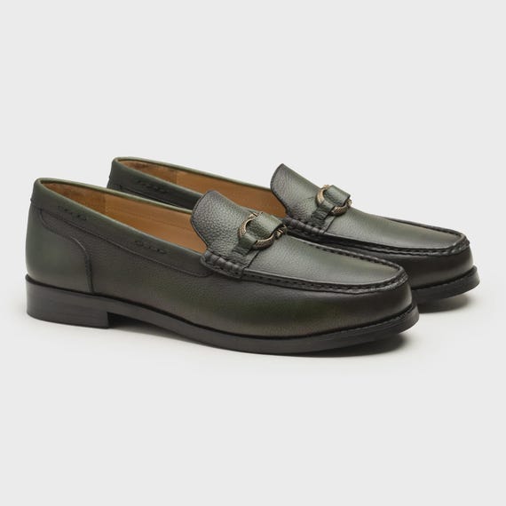 Handmade Full-Grain Leather Horsebit Loafers: Forest Green Dress Shoes Handmade Full-Grain Leather Horsebit Loafers: Forest Green Dress Shoes