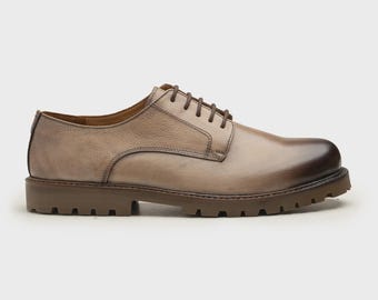 Handmade Men's Leather Derby Shoes: Brown Patina Chunky Sole