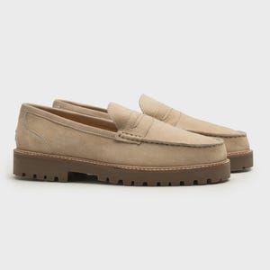 Handmade Suede Penny Loafers: Beige Leather Slip-Ons with Lug Sole