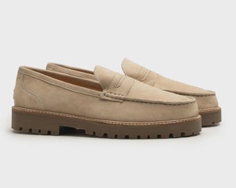Handmade Suede Penny Loafers: Beige Leather Slip-Ons with Lug Sole
