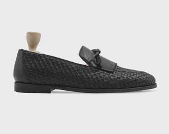 Handmade Woven Black Leather Tassel Loafers | Men's Fringe Dress Shoes