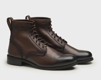 Handgjorda mörkbruna läderstövlar, snörningskor för män