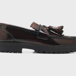 May include: A pair of brown leather loafers with a glossy finish. The shoes feature a chunky black sole and decorative tassels. The loafers have a classic design with a modern, elevated platform.