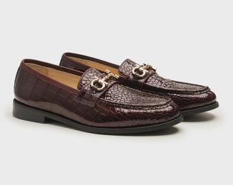 Handmade Burgundy Crocodile Embossed Leather Loafers: Horsebit Dress Shoes