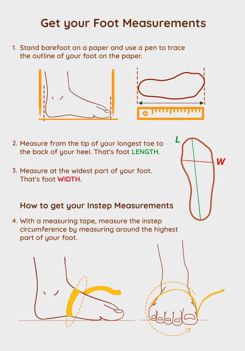 May include: Diagram illustrating how to measure foot length, width, and instep circumference. Instructions include tracing the foot, measuring length and width, and using a measuring tape. The text "Get your Foot Measurements" is at the top.