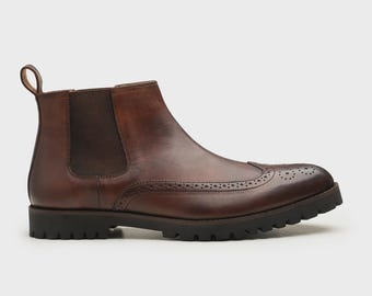 Handmade Brown Leather Chelsea Boots: Wingtip Brogue Ankle Boots