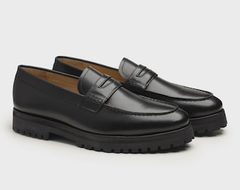 Handmade Black Leather Penny Loafers | Rugged Sole Men's Dress Shoes