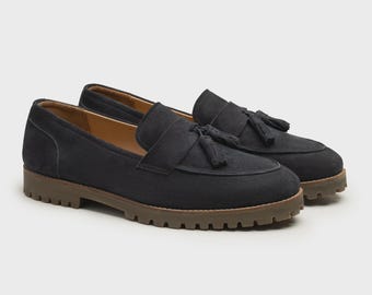 Handmade Black Suede Tassel Loafers | Men's Leather Slip-Ons